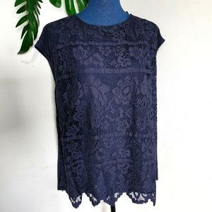 Vince Camuto Navy Blue Lace Overlay Sleeveless Blouse Top 2X NWT